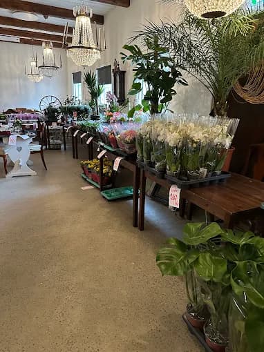 Inne i Blommehörnan, blommor på bord under kristallkronor